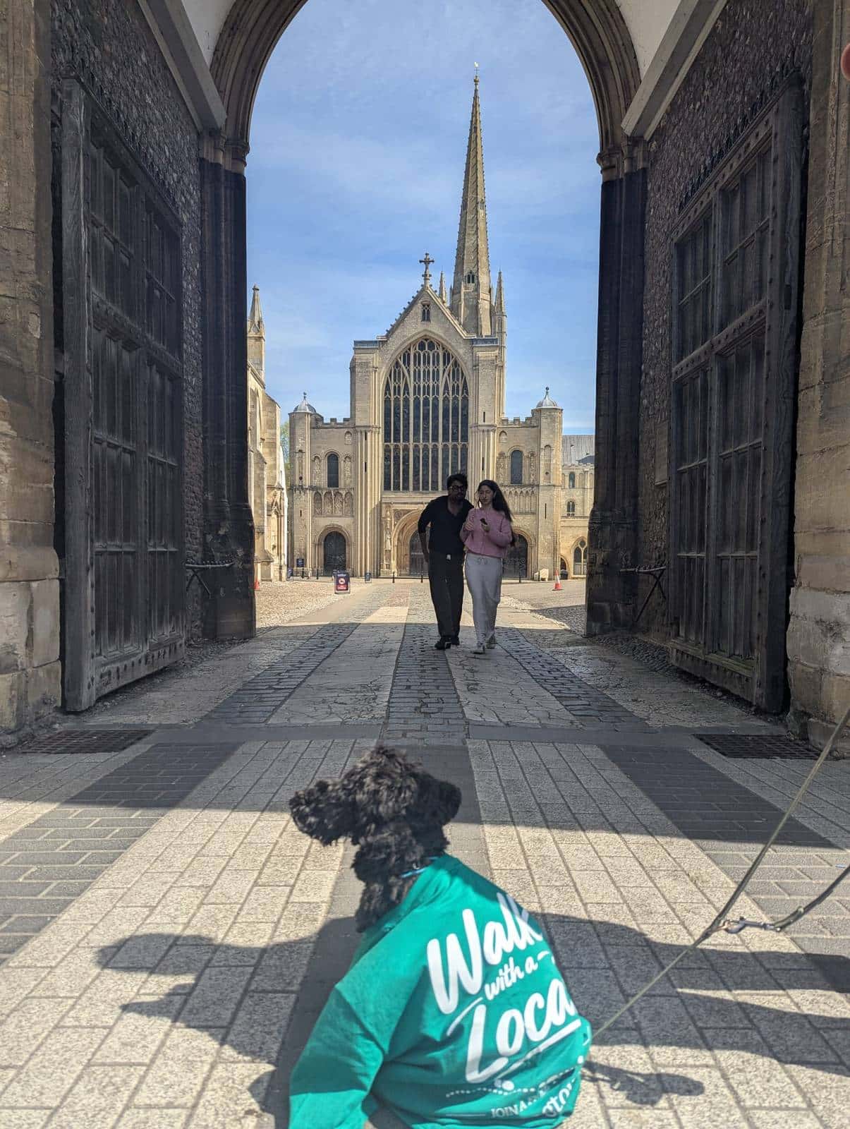 A dog in a Walk with a Local t-shirt at a gateway into the Cathedral Close. Well-behaved dogs are welcome on the tour