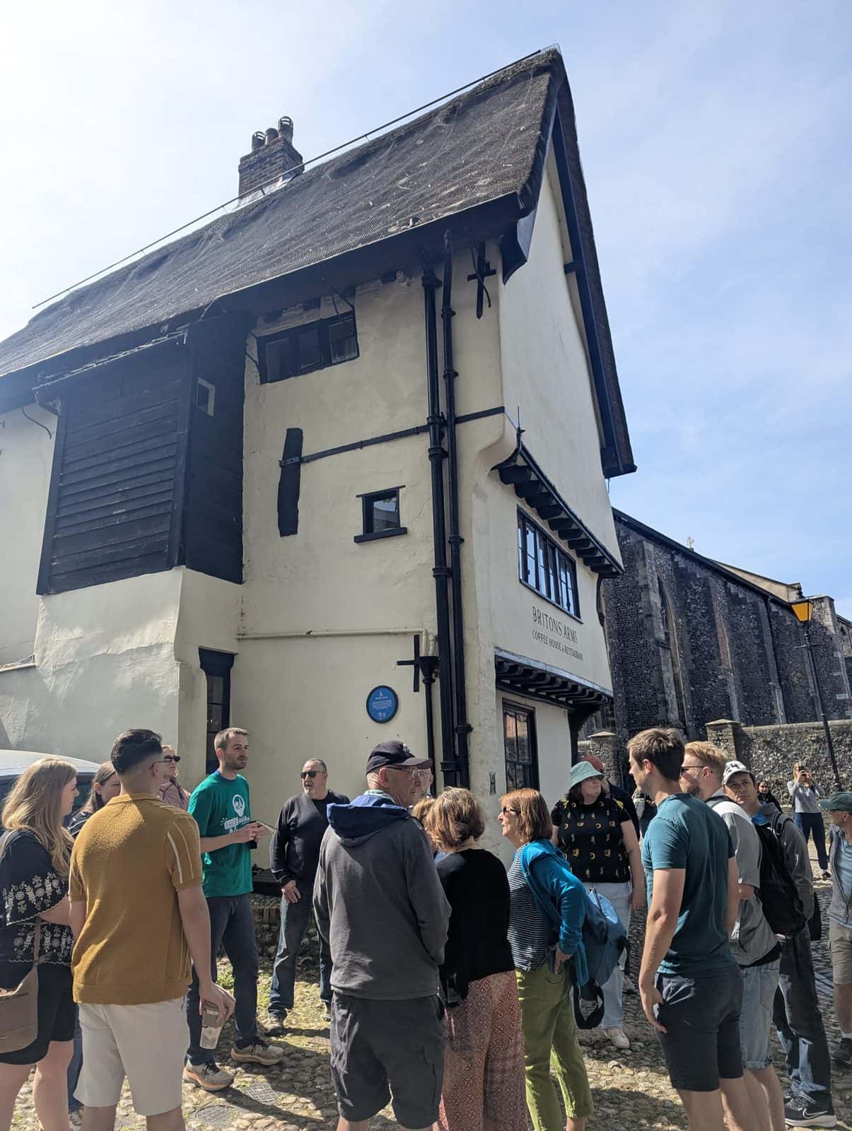 Tour group gathered outside the Britons Arms on Elm Hill