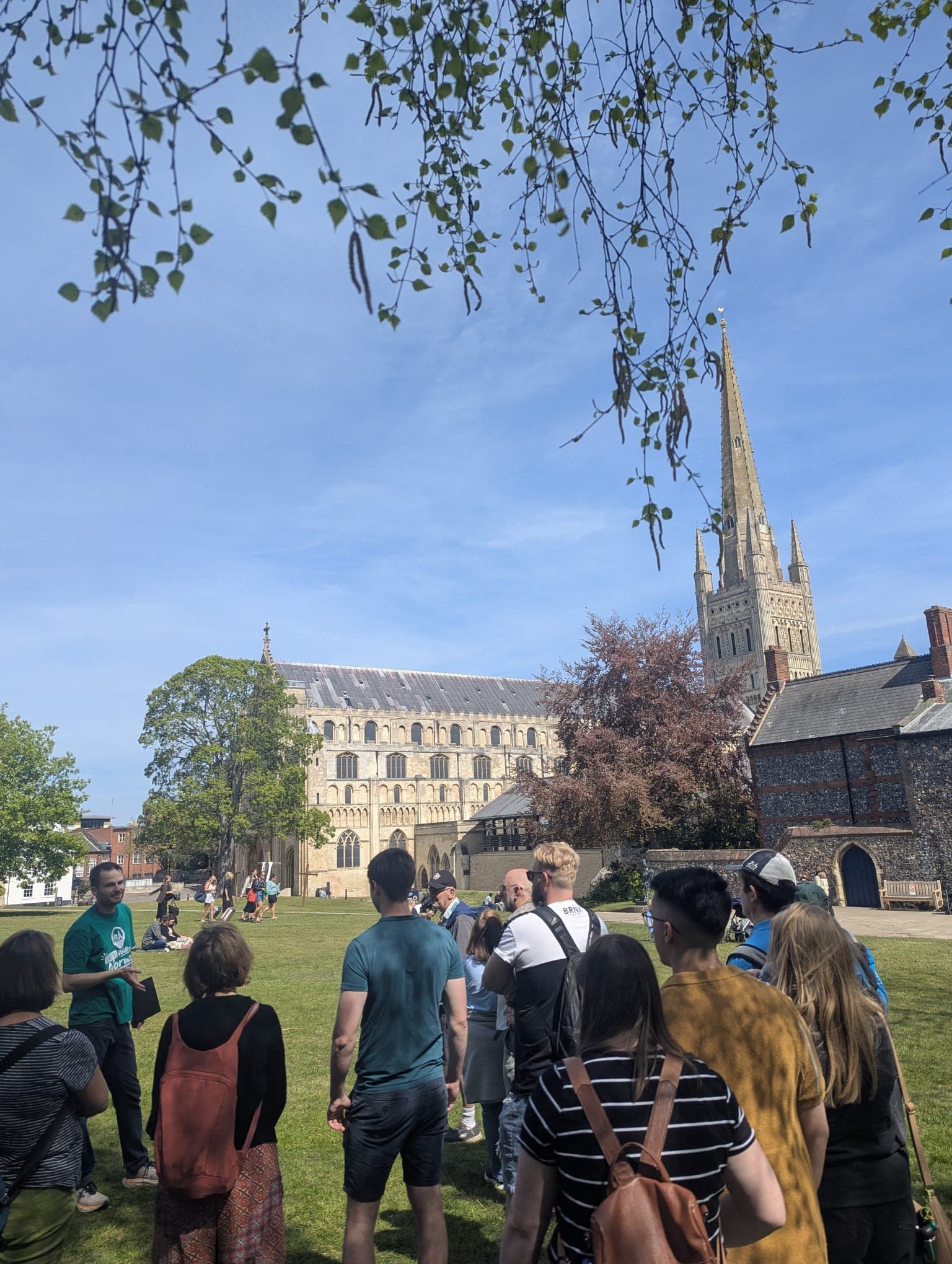 Norwich Cathedral and its spire from the lawn of the Close