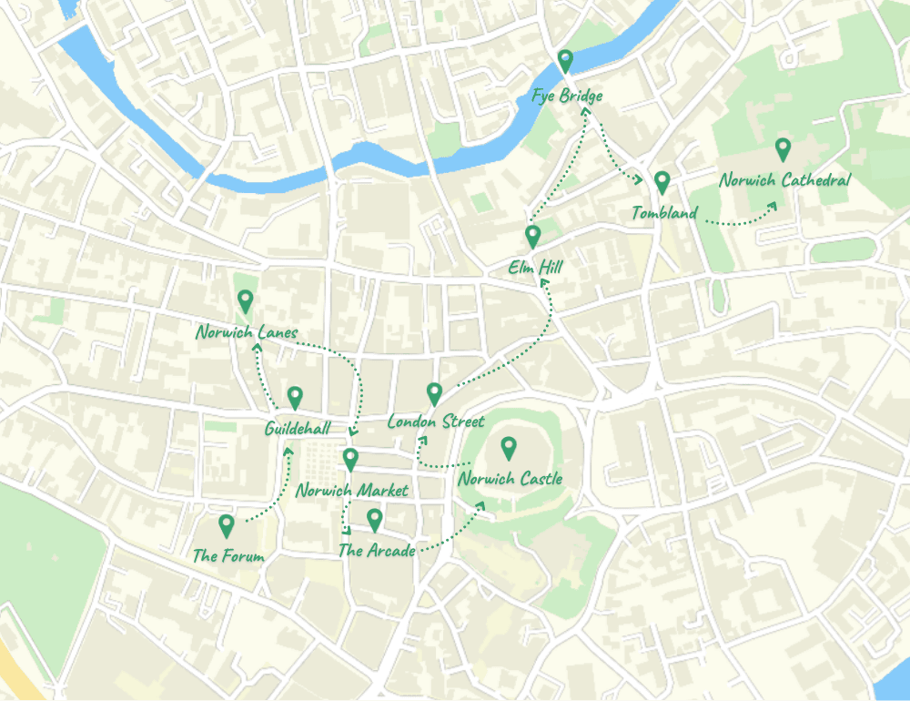 Norwich Free Walking Tour route map showing all 11 stops