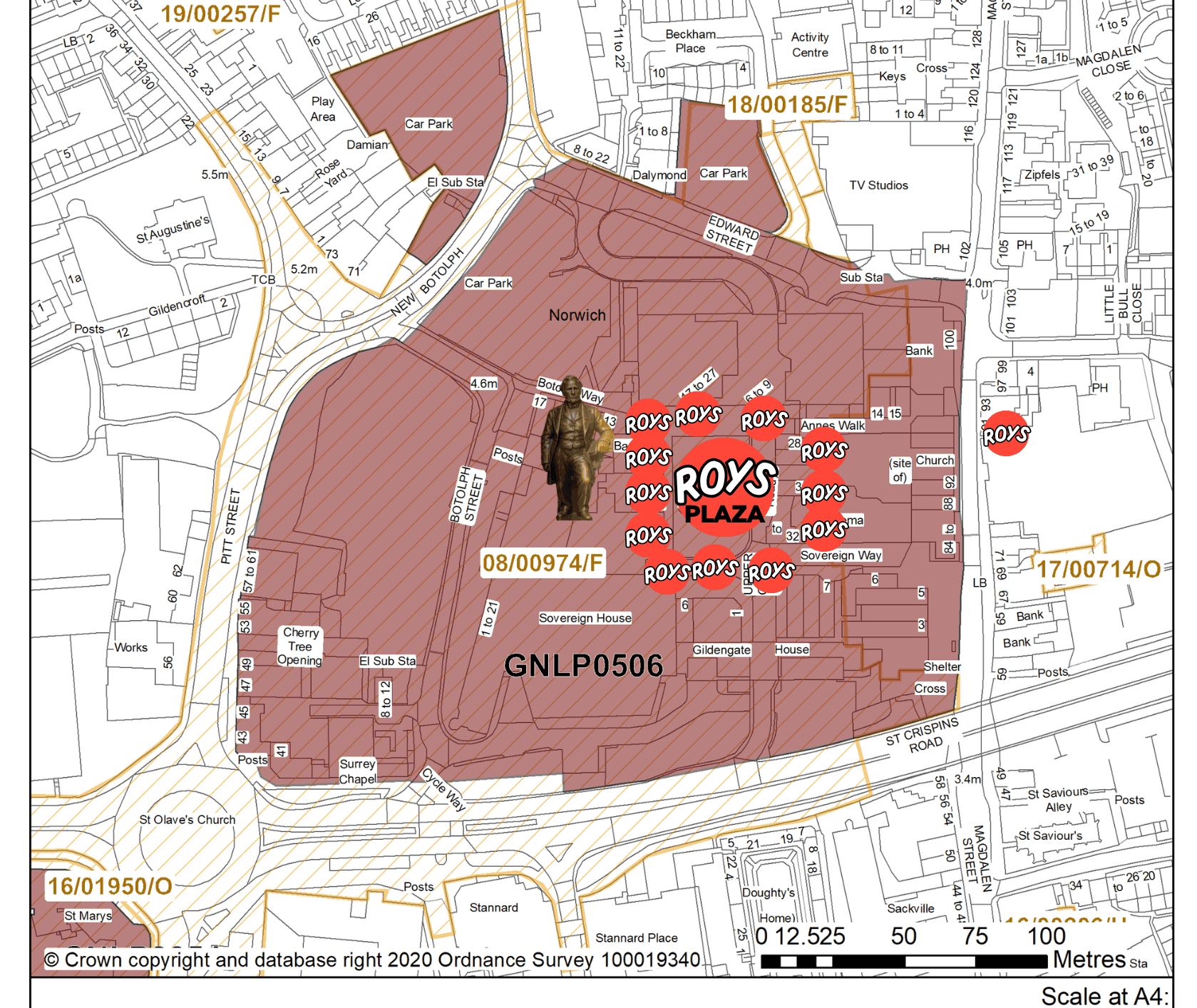 Planning map of the Anglia Square site marked up with Roys units across the whole development, a statue of a Roy in the centre, and the site labelled Roys Plaza.