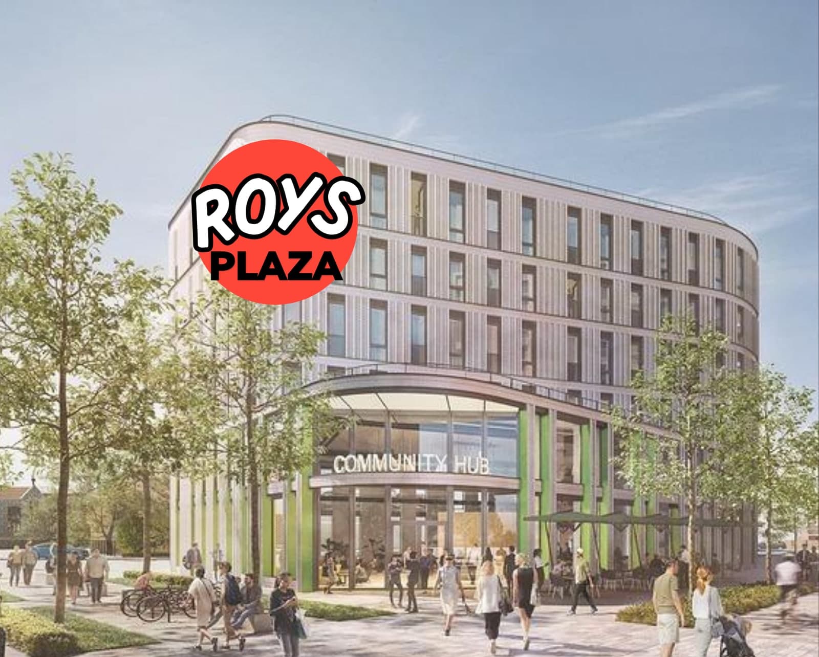 Artist's impression of the new Anglia Square development with a Roys Plaza logo on the front of the building.